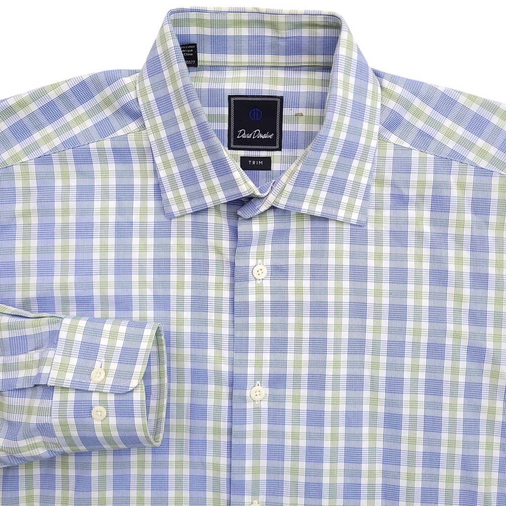 David Donahue Dress Shirt Mens 16.5-32/33 Trim Fit Blue‎ Green White Plaid